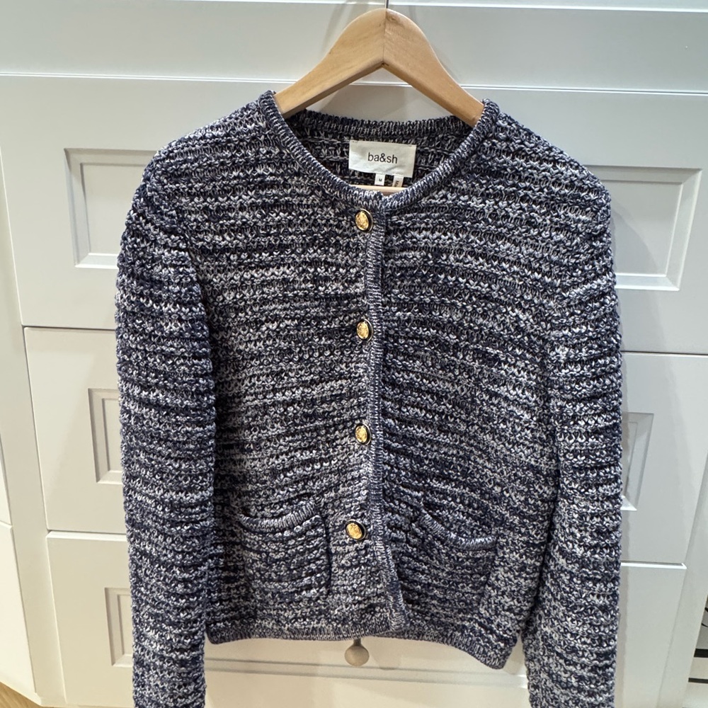 Ba&sh Blue Cardigan Sweater with Ribbed Trim